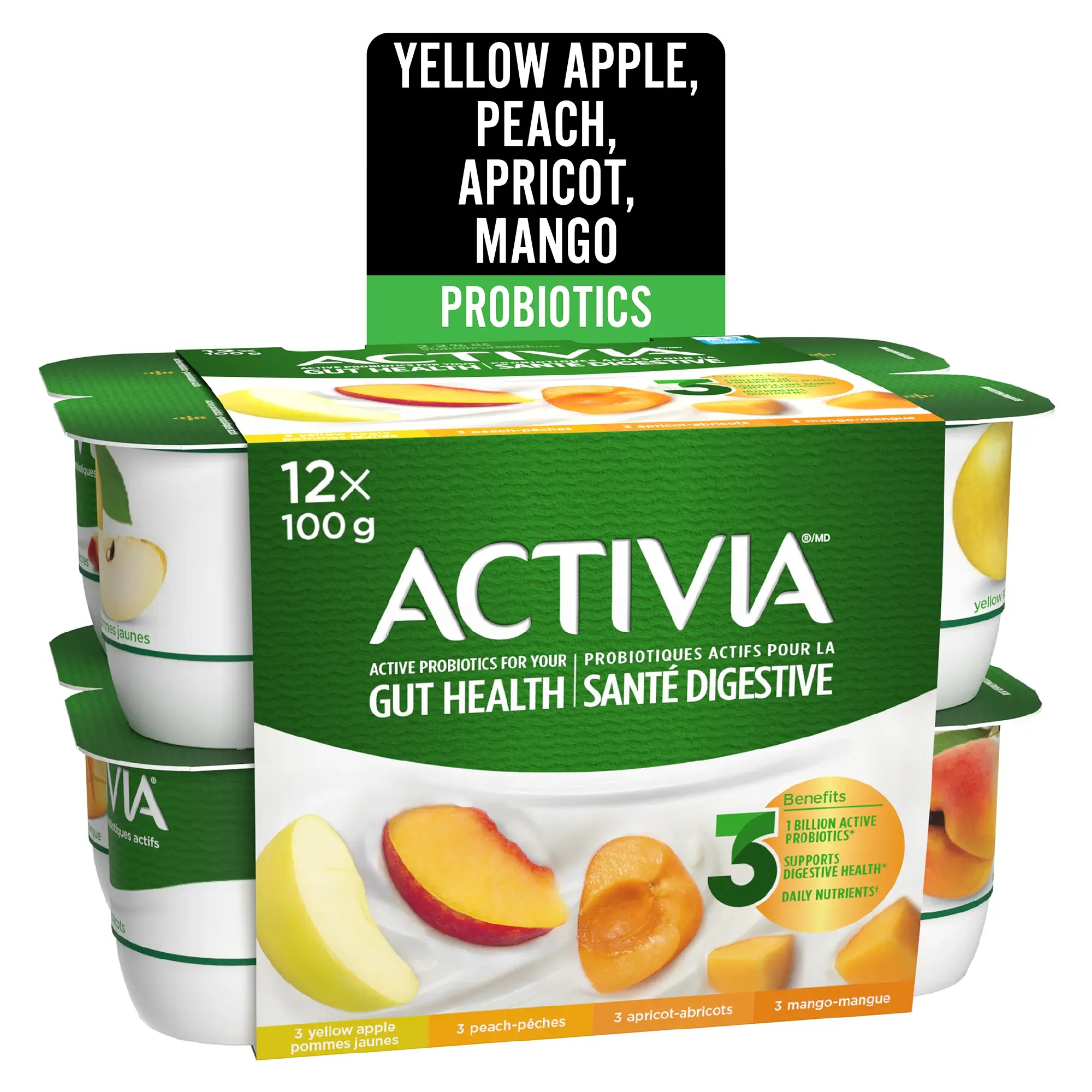 『12Pack家庭裝』達能 ACTIVIA 酸奶 ③黃蘋果+③黃杏+③桃子+③芒果