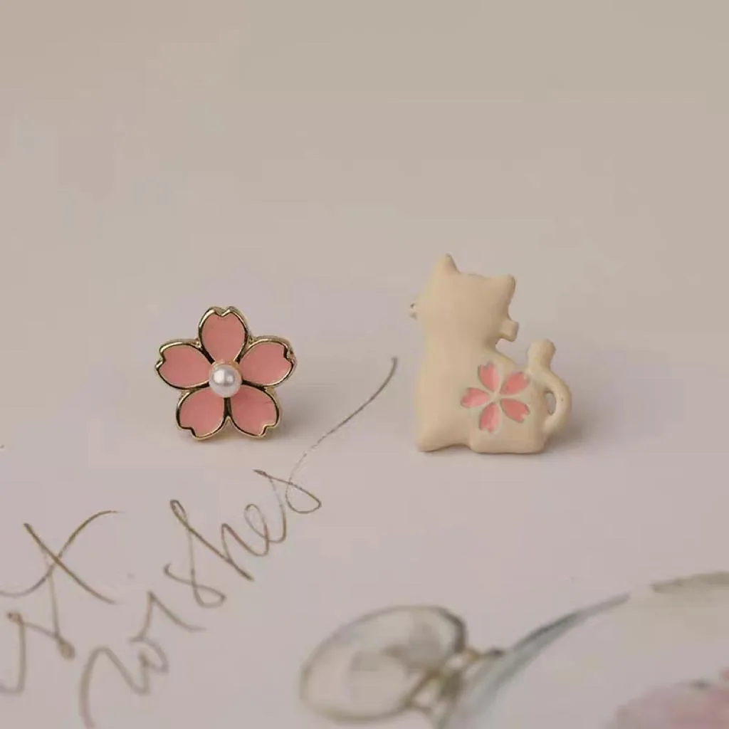 [耳钉款] 不对称森系猫咪樱花 耳环